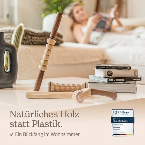 styleholz® Massage-Roller aus Eschenholz, 22,5 cm, stimuliert die Haut und Durchblutung