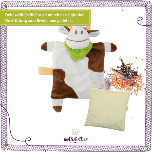 welliebellies® "Schmusetuch Kuh" Wärmekuscheltier mit Bio-Hirse-Füllung, spendet bis zu 90 min Wärme