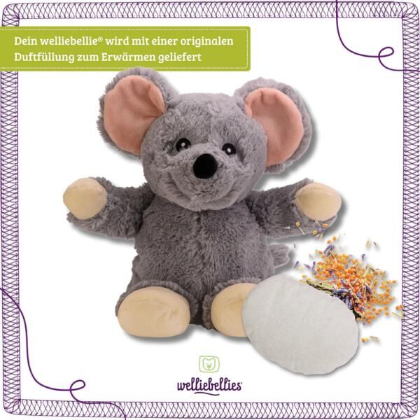 welliebellies® "Maus groß" Wärmekuscheltier mit Bio-Hirse-Füllung, spendet bis zu 90 min Wärme