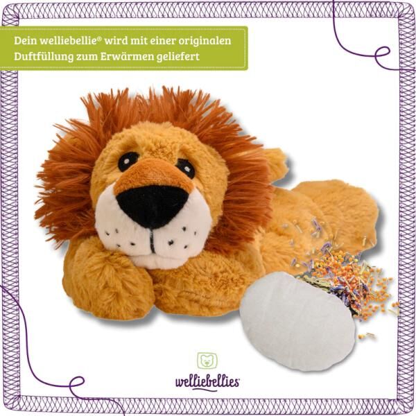 welliebellies® "Löwe groß" Wärmekuscheltier mit Bio-Hirse-Füllung, spendet bis zu 90 min Wärme