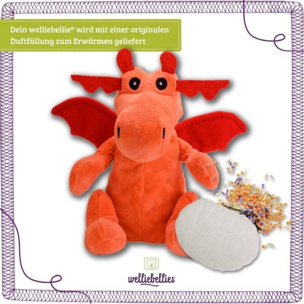 welliebellies® "Drache groß" Wärmekuscheltier mit Bio-Hirse-Füllung, spendet bis zu 90 min Wärme