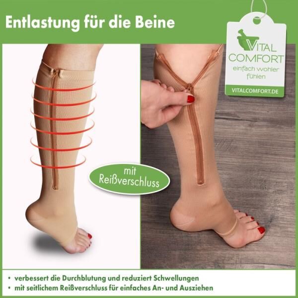 Vital Comfort Kompressions-Kniestrümpfe offene Fußspitze, leichter Kompression und Reißverschluss