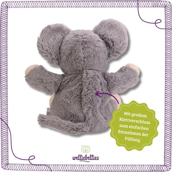 welliebellies® "Maus groß" Wärmekuscheltier mit Bio-Hirse-Füllung, spendet bis zu 90 min Wärme