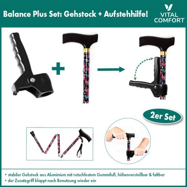 Balance Plus faltbarer Gehstock mit praktischem Zusatzgriff als Aufstehhilfe