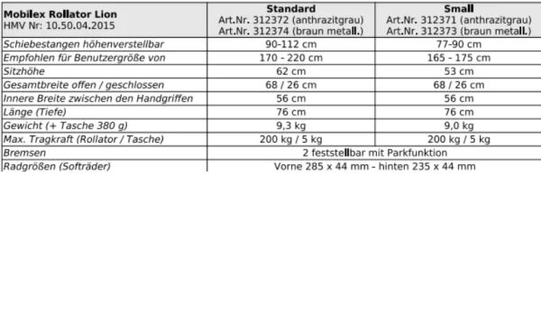 Mobilex Lion Outdoor-Rollator in versch. Farben und Sitzhöhen mit Feststellbremsen u. faltbar