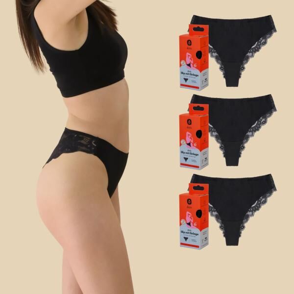 dais Periodenunterwäsche Brazilian Daily mit Spitze u. Einlage, für leichte Tage, 3er Bundle Schwarz