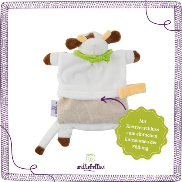 welliebellies® "Schmusetuch Kuh" Wärmekuscheltier mit Bio-Hirse-Füllung, spendet bis zu 90 min Wärme