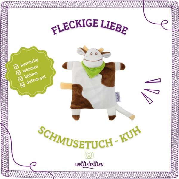welliebellies® "Schmusetuch Kuh" Wärmekuscheltier mit Bio-Hirse-Füllung, spendet bis zu 90 min Wärme