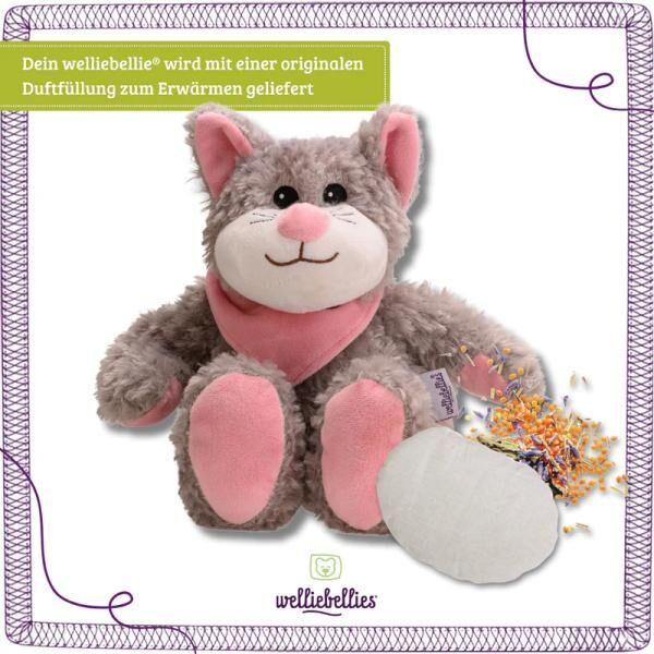 welliebellies® "Katze groß" Wärmekuscheltier mit Bio-Hirse-Füllung, spendet bis zu 90 min Wärme