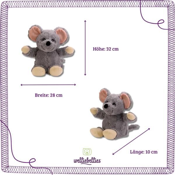 welliebellies® "Maus groß" Wärmekuscheltier mit Bio-Hirse-Füllung, spendet bis zu 90 min Wärme