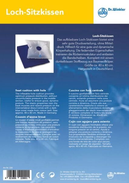 Dr. Winkler aufblasbares Loch-Sitzkissen 40x40 cm mit Bezug zur Entlastung der Bandscheiben