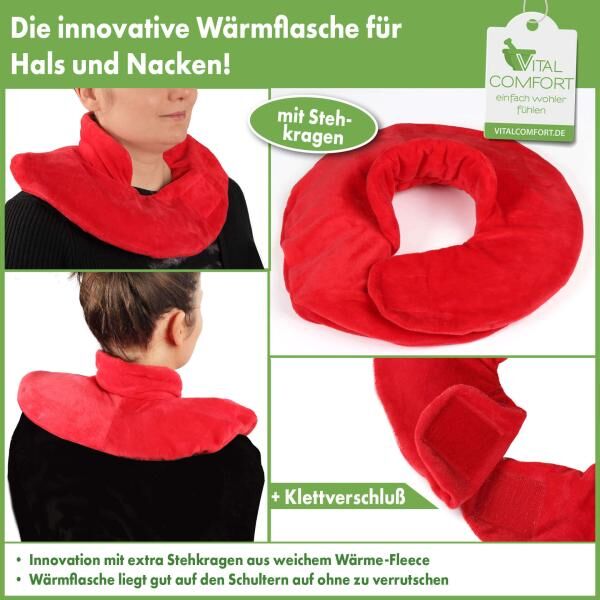 Vital Comfort Nacken-Wärmflasche mit breitem Trichter, Klettverschluss und Fleece-Bezug