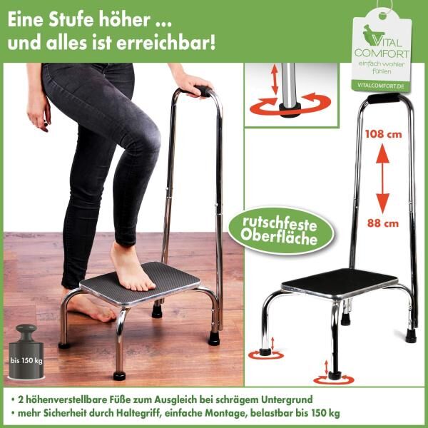 Vital Comfort Trittstufe mit höhenverstellbarem Haltegriff 88 - 108 cm und verstellbaren Füßen