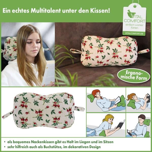 Vital Comfort Leseknochen Hagebutte 33 x 19 x 19 cm als Lesestütze oder Nackenkissen verwendbar