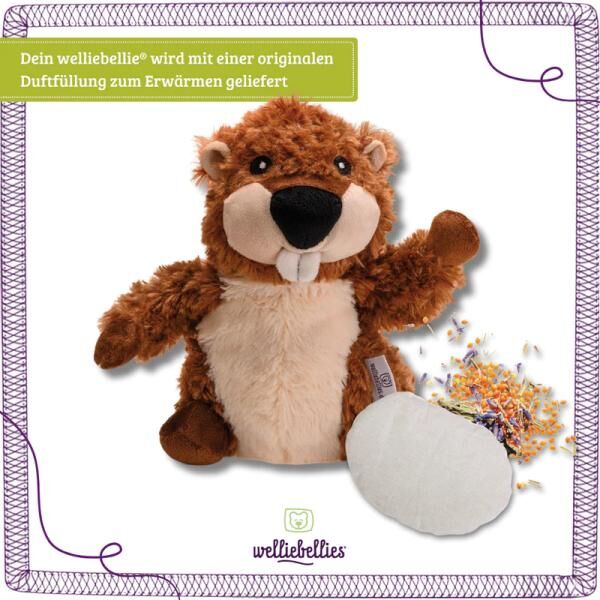 welliebellies® "Biber groß" Wärmekuscheltier mit Bio-Hirse-Füllung, spendet bis zu 90 min Wärme