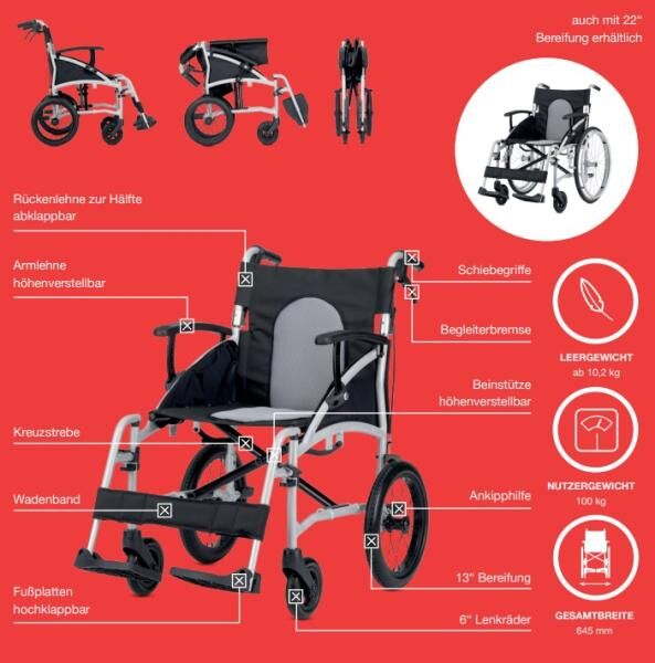 Bischoff & Bischoff VIDA Transport-Rollstuhl Leichtgewichtrollstuhl Gewicht nur 10 kg