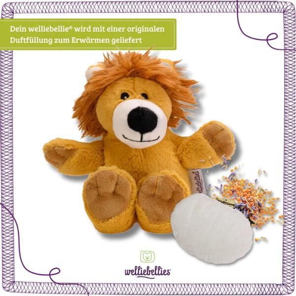 welliebellies® "Löwe midi" Wärmekuscheltier mit Bio-Hirse-Füllung, spendet bis zu 90 min Wärme