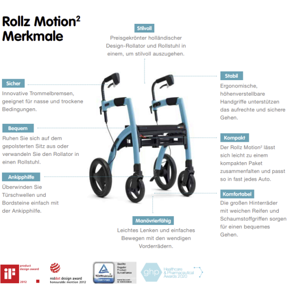 SALJOL Rollz Motion 2in1 Rollator o. Schieberollstuhl mit Trommelbremsen u. Ankipphilfe, faltbar