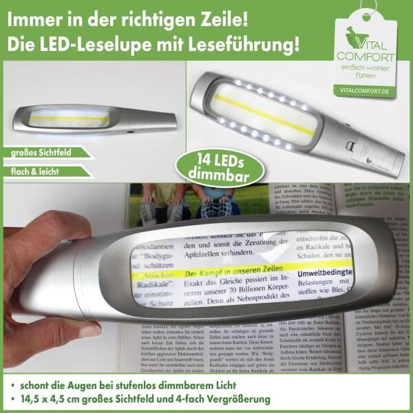 Vital Comfort ultraleichte LED-Lupe mit Leseführung u. 14 LED, Vergrößerungsfläche 14,5 x 4,5 cm