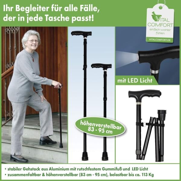 Vital Comfort Reisestock aus Aluminium, faltbar, mit Licht, belastbar bis 113 kg in schwarz