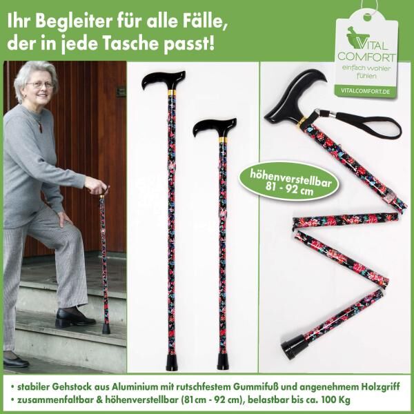 Vital Comfort faltbarer Aluminium Reisestock, Spazierstock höhenverstellbar 81 cm - 92 cm