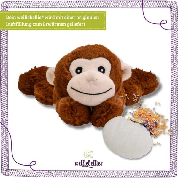 welliebellies® "Affe groß" Wärmekuscheltier mit Bio-Hirse-Füllung, spendet bis zu 90 min Wärme